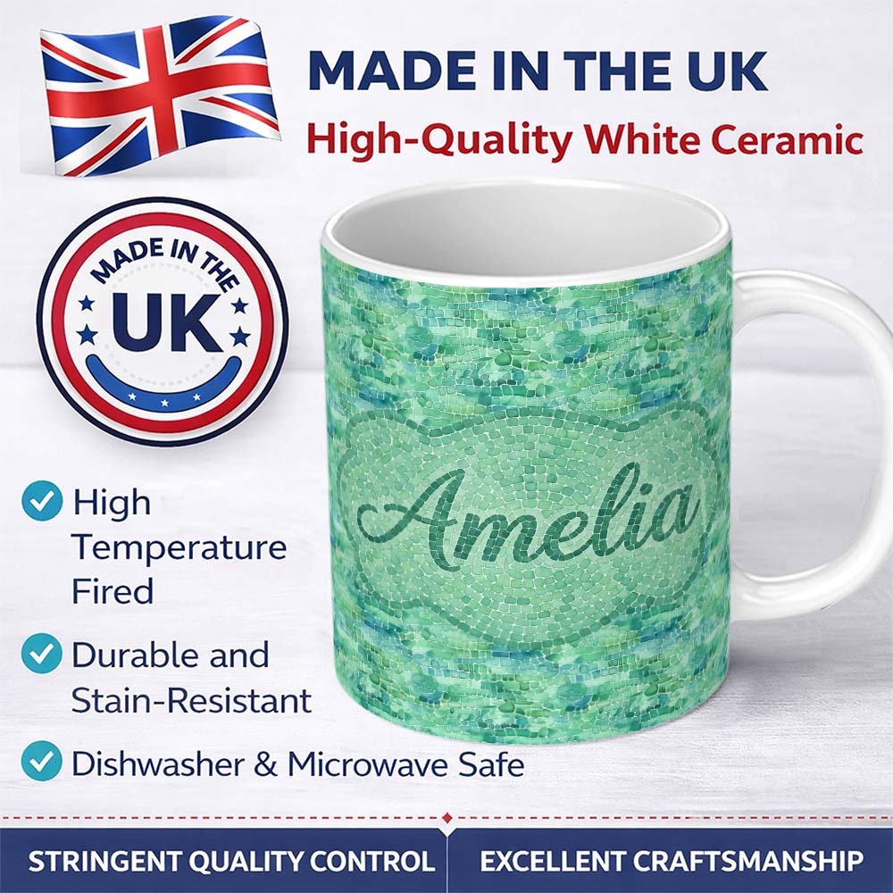 Personalized Custom Name Aqua Green Crocodile Texture Pattern Exotic Leather Effect Design 11oz Ceramic Coffee Tea Mug White Large Handle