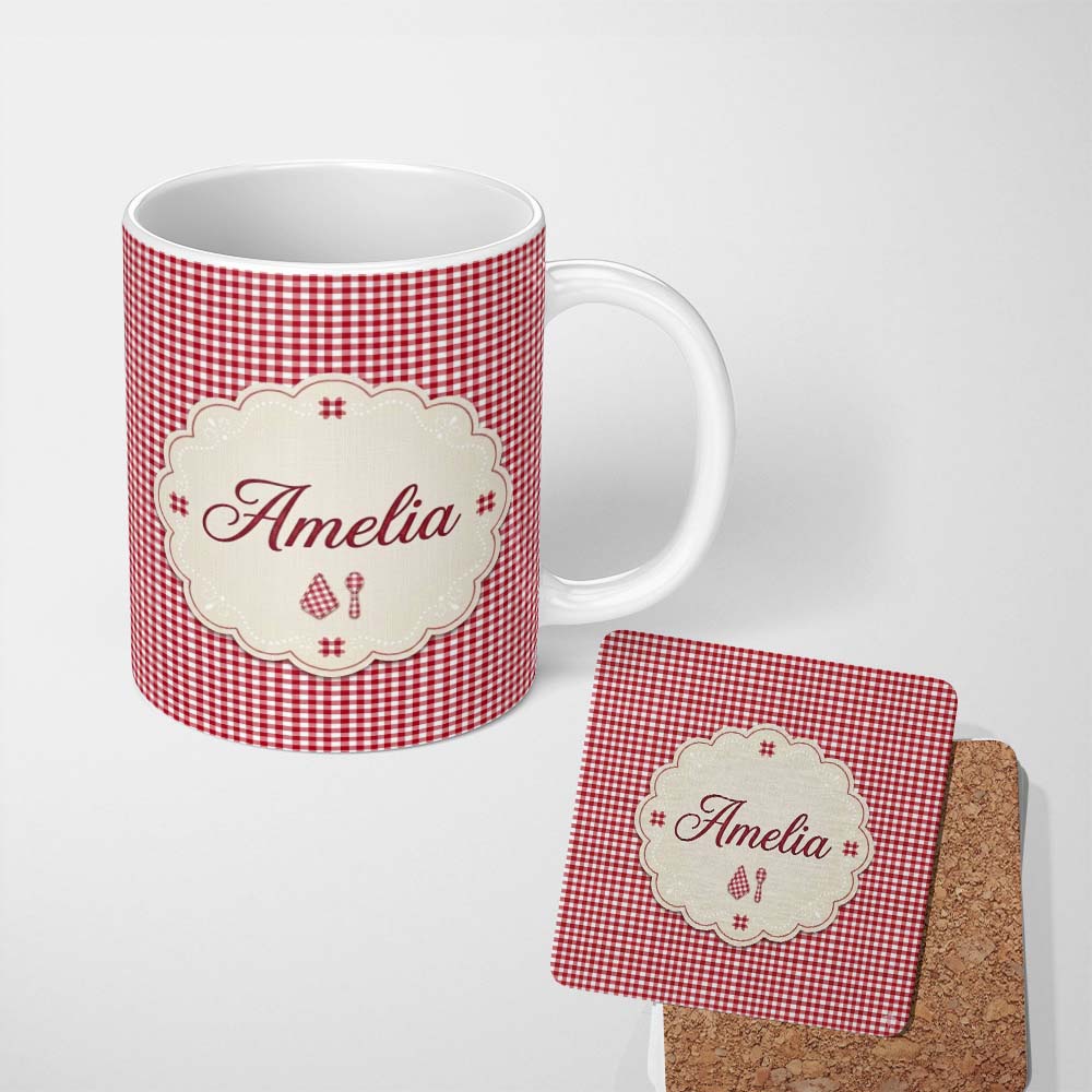 Personalized Custom Name Classic Navy Blue Gingham Check Seamless Pattern Cute Unique Gift 11oz Ceramic Coffee Tea Mug White Large Handle