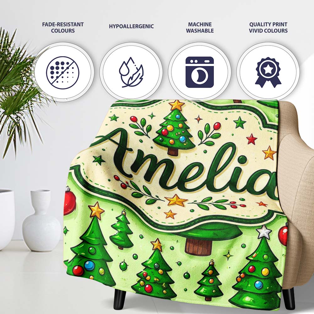 Cartoon Christmas Trees Green Ornaments Cute Holiday Seamless Lovely Personalised Custom Name Super Soft Fleece Blanket Bed Sofa Throw