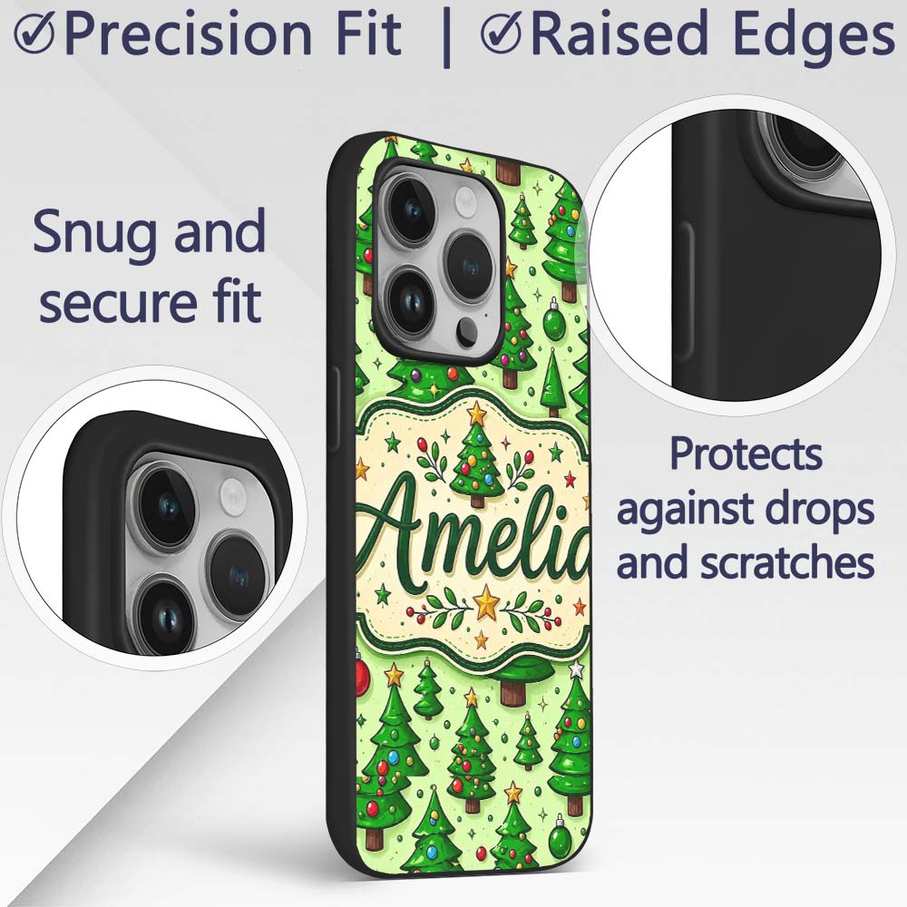 Cartoon Christmas Trees Green Ornaments Cute Custom Name Protective Phone Case Mobile Cover Durable Everyday Smartphone Shock Resistant
