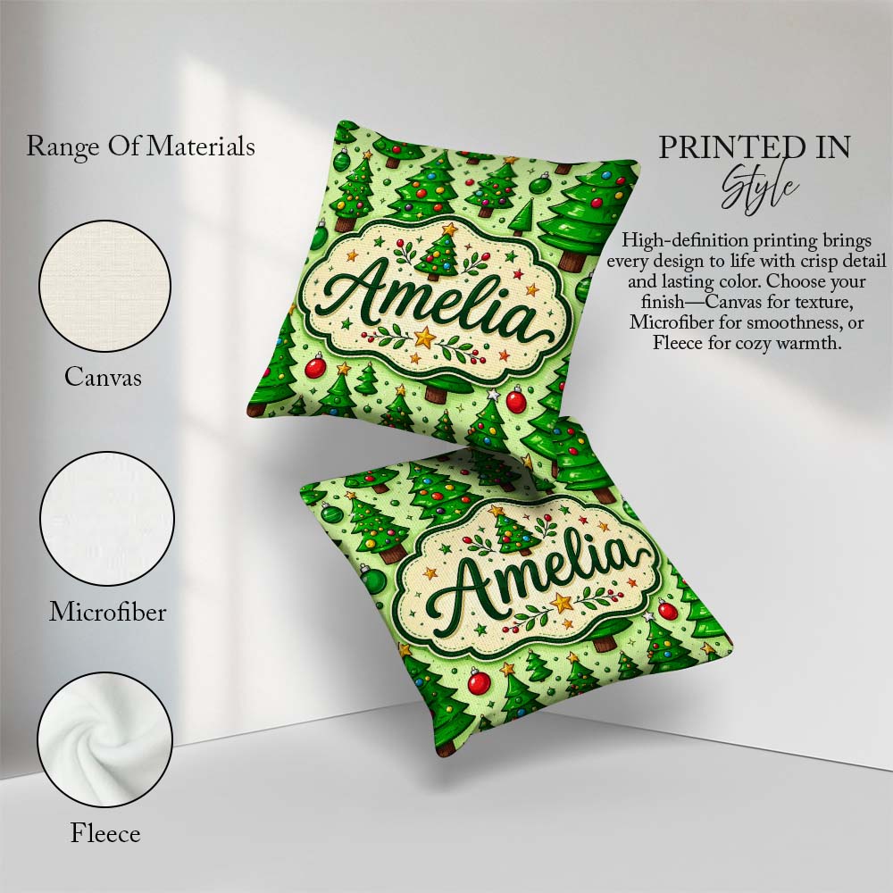 Custom Name Cartoon Christmas Trees Green Ornaments Cute Holiday Square Filled Cushion Throw Pillow Sofa Bed Home Decor Zip Washable UK Made