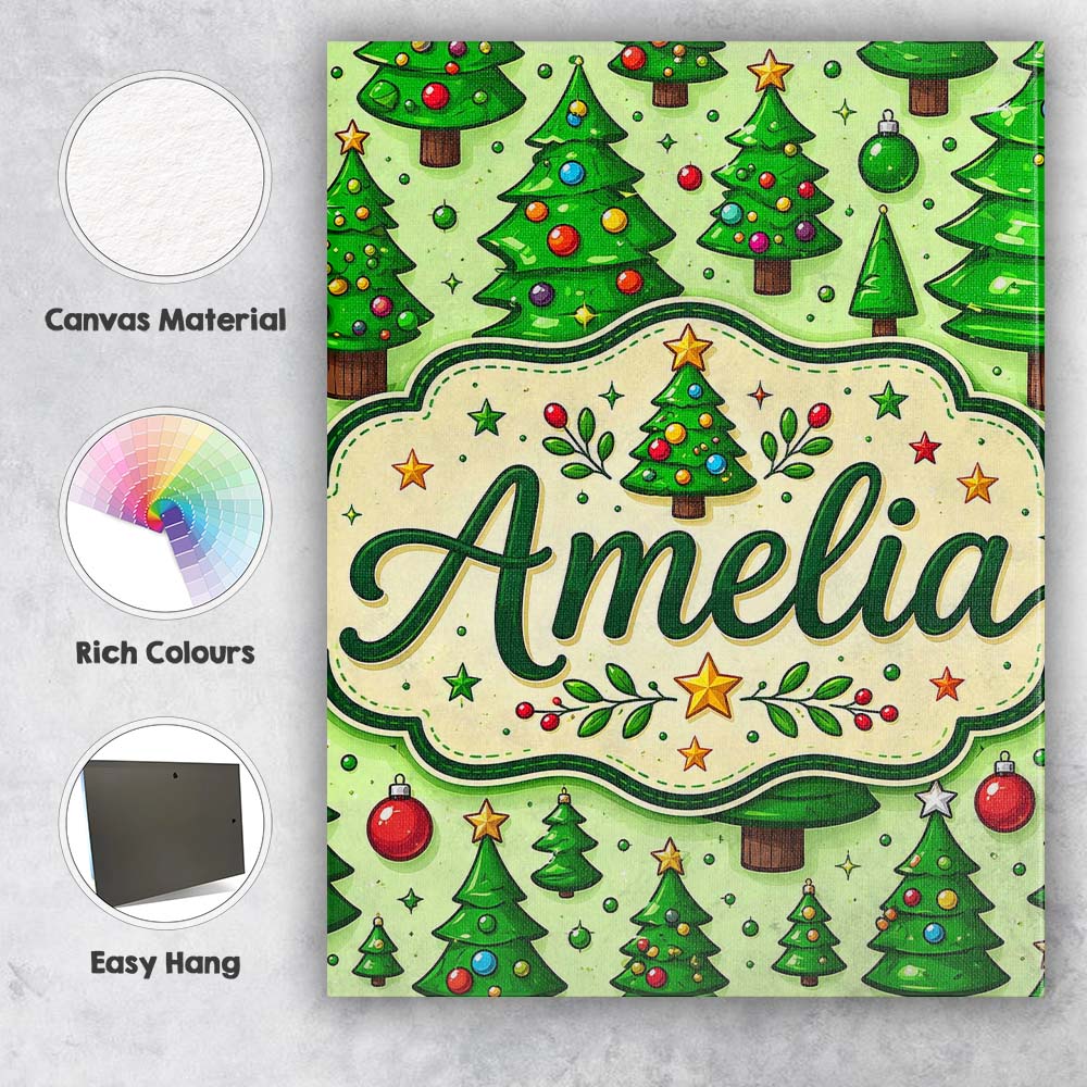 Personalised Name Cartoon Christmas Trees Custom Unique Gift Idea Elegant Feature Canvas Wall Art Print Decor Picture Ready to Hang