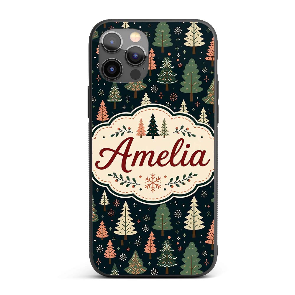 Scandi Forest Christmas Trees Pastel Green Pink Custom Name Protective Phone Case Mobile Cover Durable Everyday Smartphone Shock Resistant