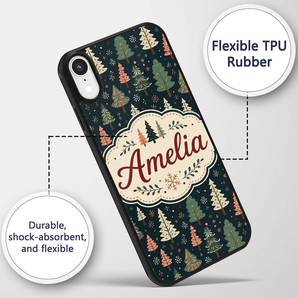 Scandi Forest Christmas Trees Pastel Green Pink Custom Name Protective Phone Case Mobile Cover Durable Everyday Smartphone Shock Resistant