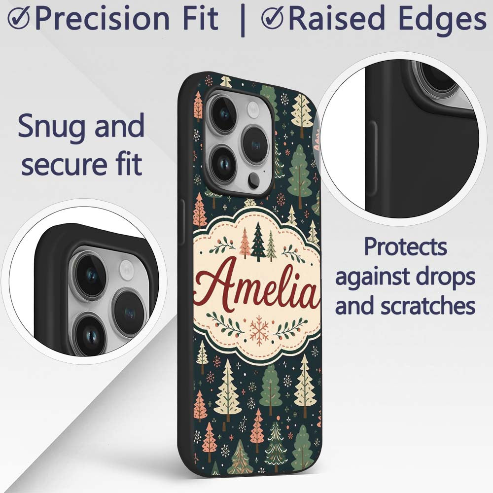 Scandi Forest Christmas Trees Pastel Green Pink Custom Name Protective Phone Case Mobile Cover Durable Everyday Smartphone Shock Resistant