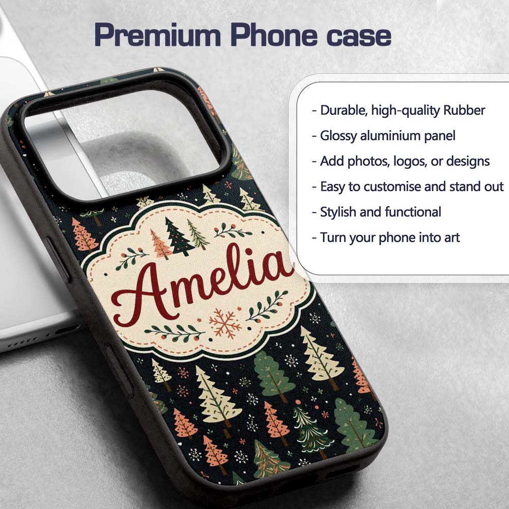 Scandi Forest Christmas Trees Pastel Green Pink Custom Name Protective Phone Case Mobile Cover Durable Everyday Smartphone Shock Resistant