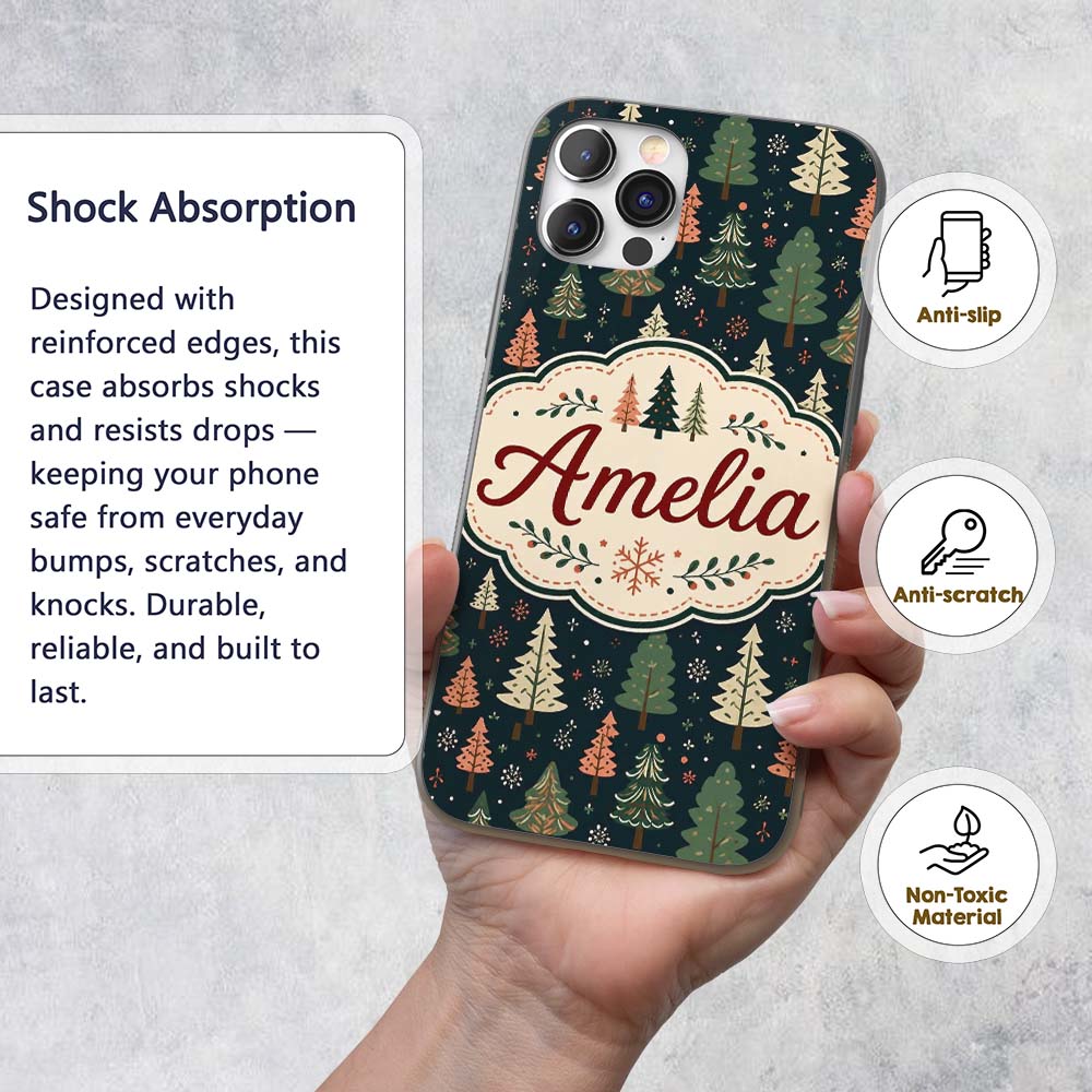 Scandi Forest Christmas Trees Pastel Green Pink Custom Name Protective Phone Case Mobile Cover Durable Everyday Smartphone Shock Resistant