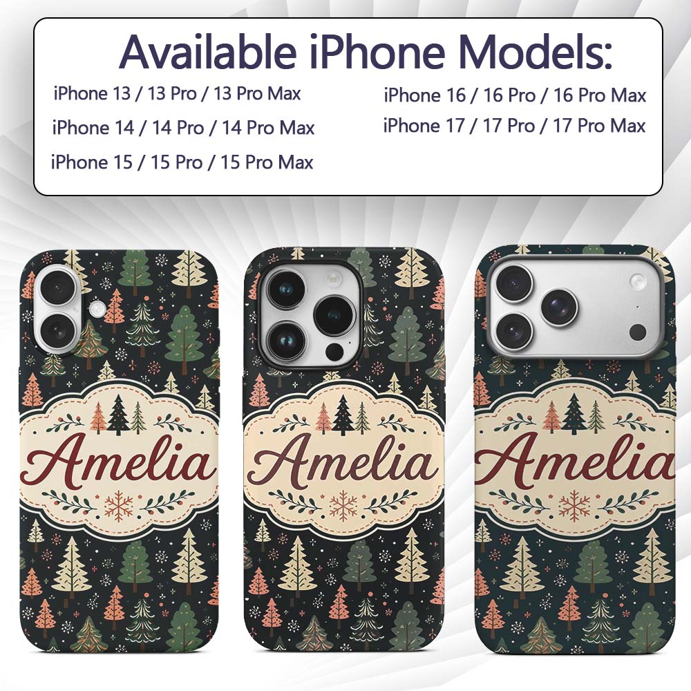 Scandi Forest Christmas Trees Pastel Green Pink Custom Name Protective Phone Case Mobile Cover Durable Everyday Smartphone Shock Resistant