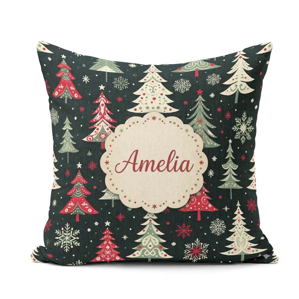 Custom Name Nordic Christmas Trees Red White Snowflakes Seamless Square Filled Cushion Throw Pillow Sofa Bed Home Decor Zip Washable UK Made