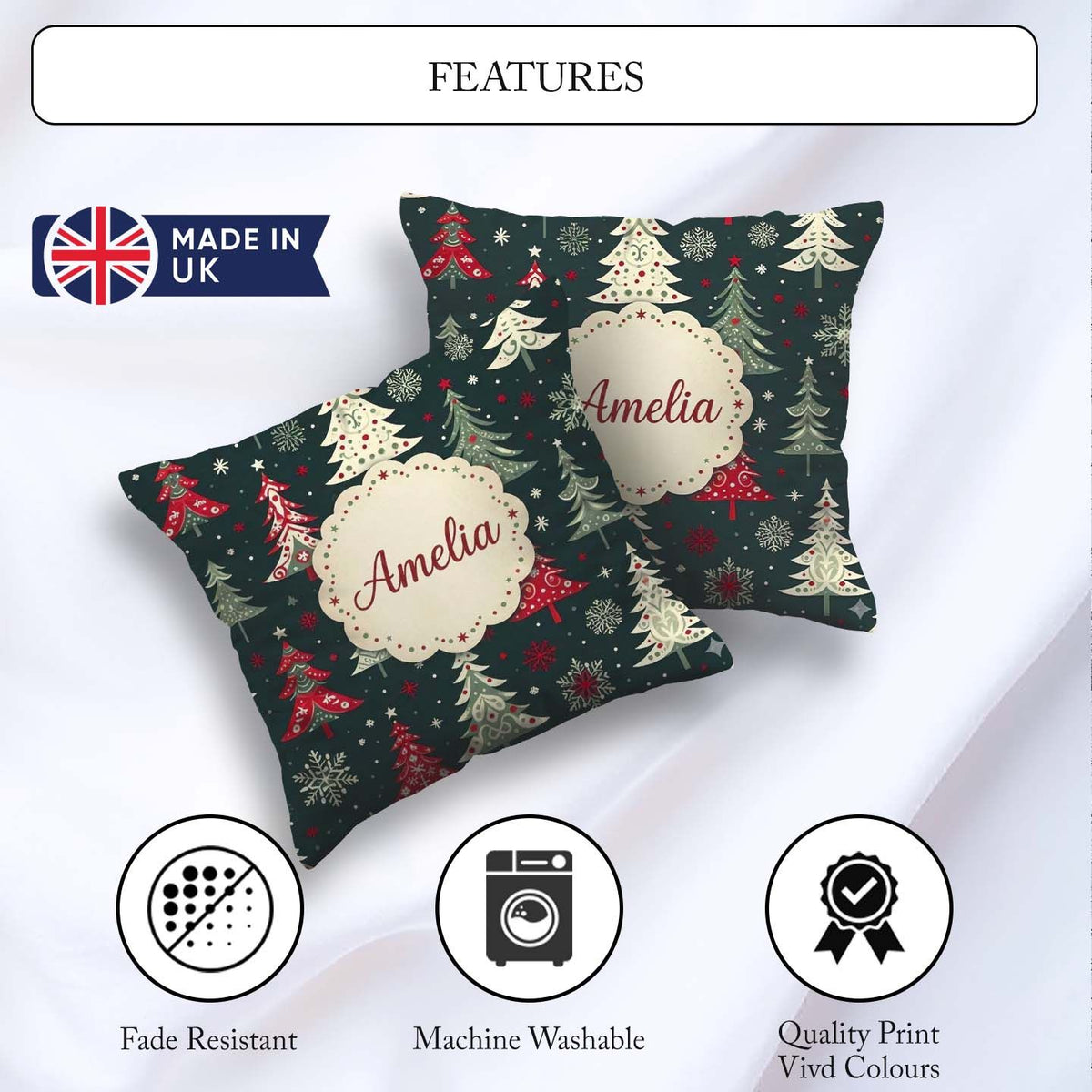 Custom Name Nordic Christmas Trees Red White Snowflakes Seamless Square Filled Cushion Throw Pillow Sofa Bed Home Decor Zip Washable UK Made