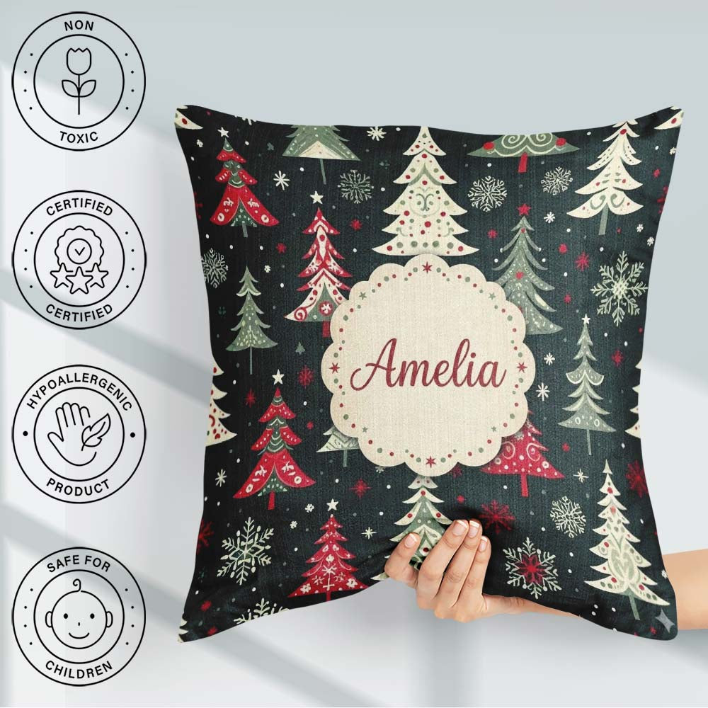 Custom Name Nordic Christmas Trees Red White Snowflakes Seamless Square Filled Cushion Throw Pillow Sofa Bed Home Decor Zip Washable UK Made