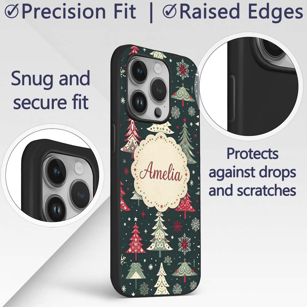 Nordic Christmas Trees Red White Green Snowflakes Custom Name Protective Phone Case Mobile Cover Durable Everyday Smartphone Shock Resistant