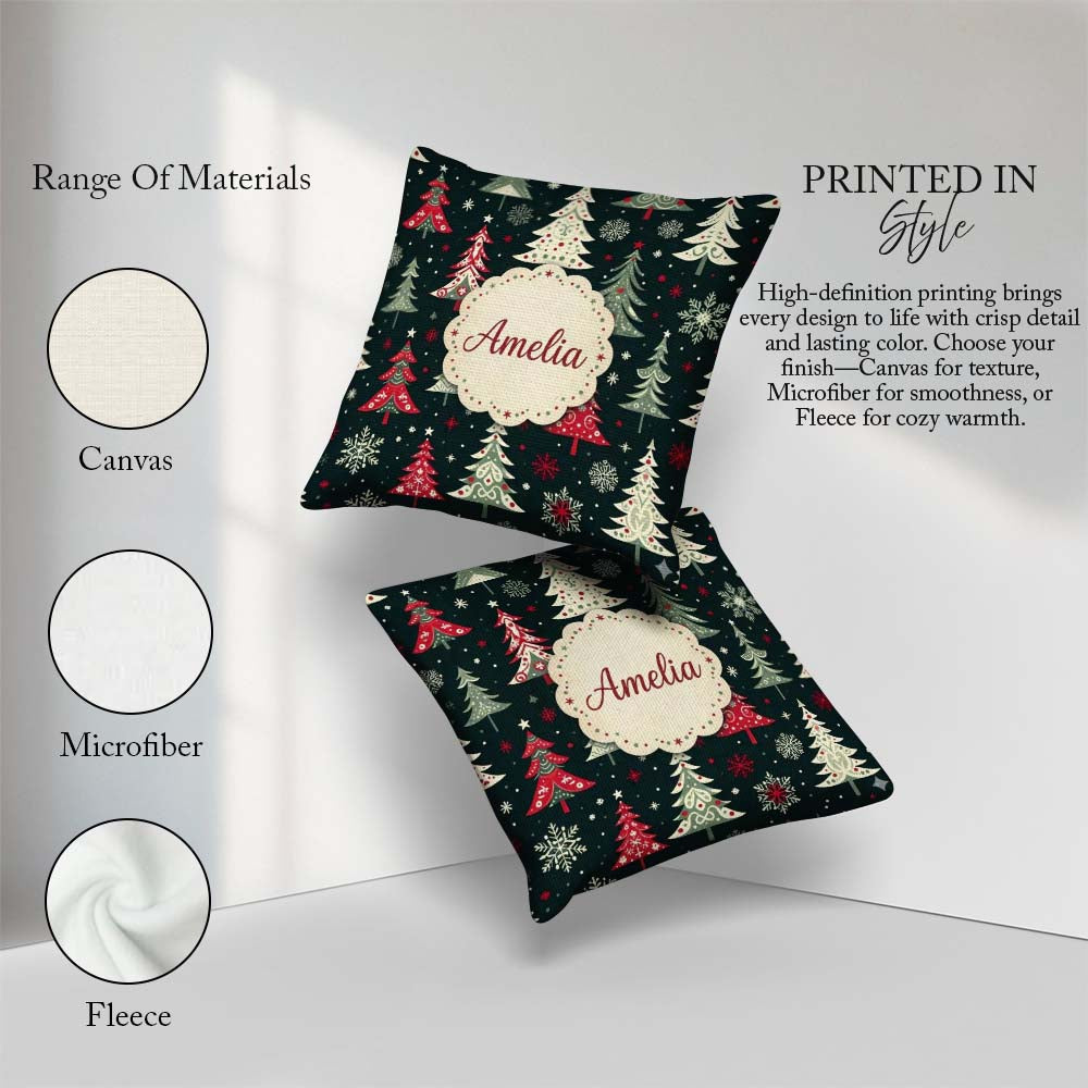 Custom Name Nordic Christmas Trees Red White Snowflakes Seamless Square Filled Cushion Throw Pillow Sofa Bed Home Decor Zip Washable UK Made