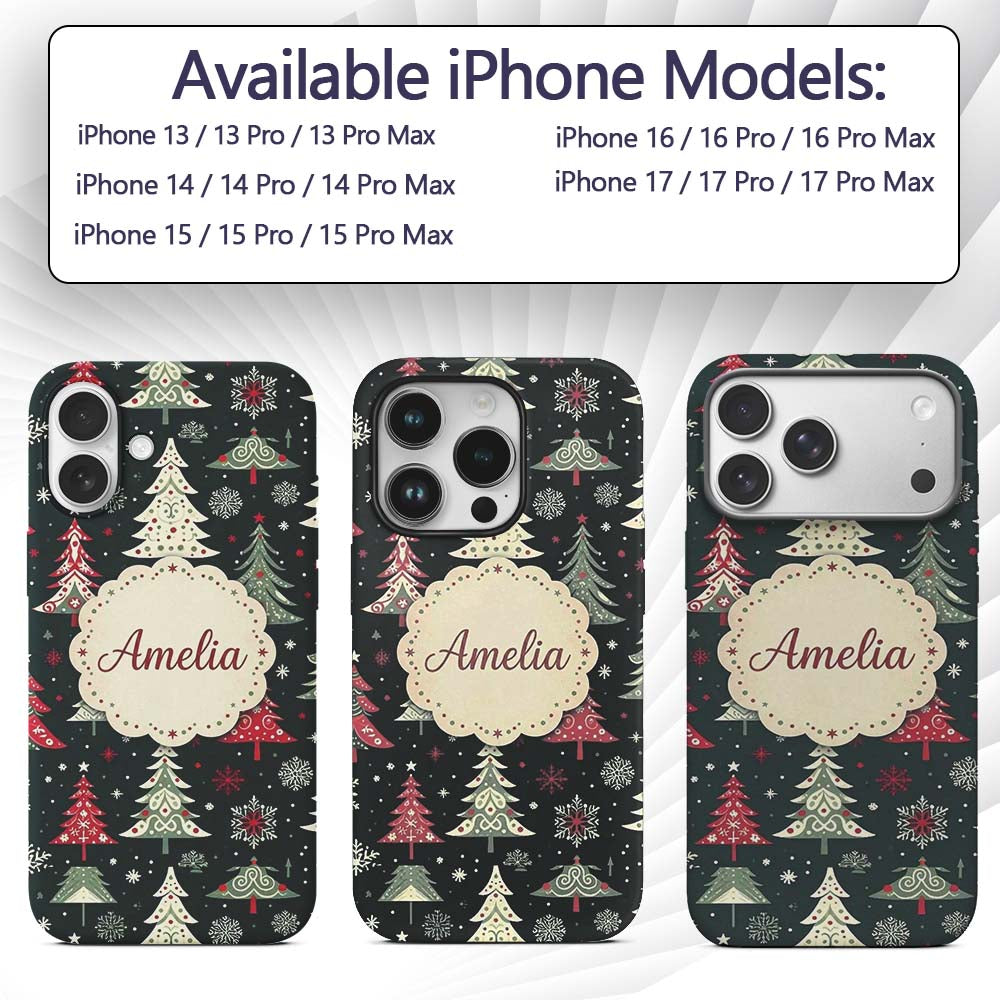 Nordic Christmas Trees Red White Green Snowflakes Custom Name Protective Phone Case Mobile Cover Durable Everyday Smartphone Shock Resistant