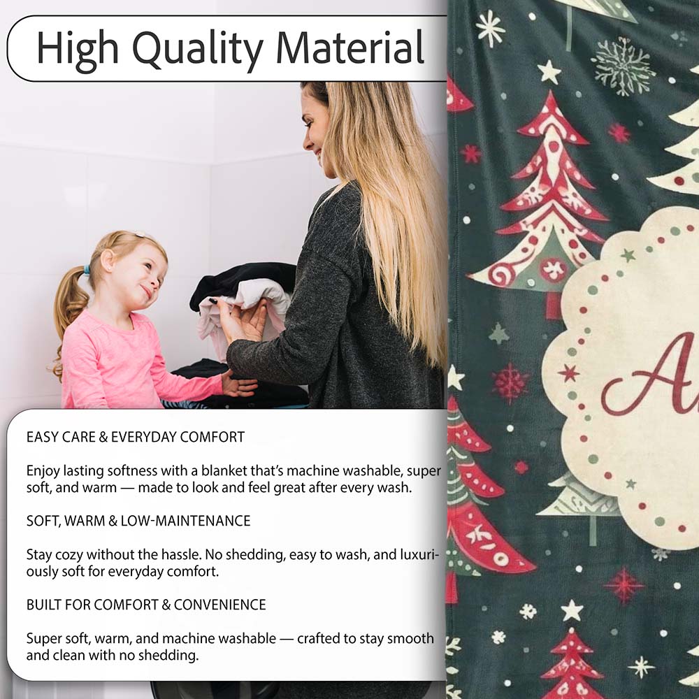 Nordic Christmas Trees Red White Green Snowflakes Festive Seamless Personalised Custom Name Super Soft Fleece Blanket Bed Sofa Throw