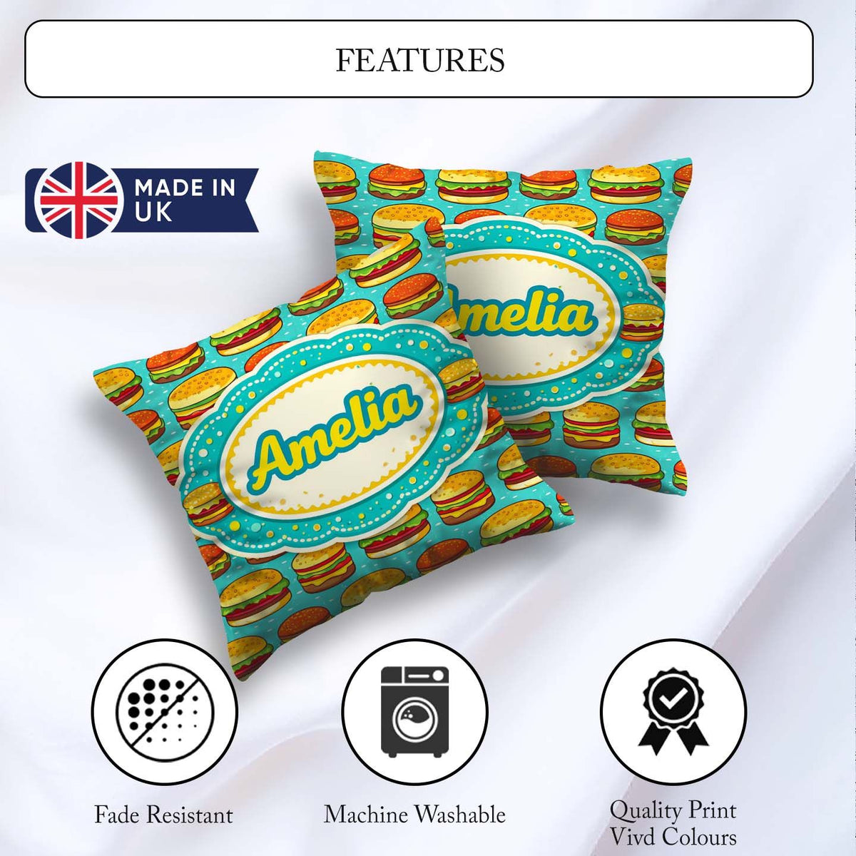Custom Name Burger Cartoon Seamless Pattern Blue Background Food Square Filled Cushion Throw Pillow Sofa Bed Home Decor Zip Washable UK Made