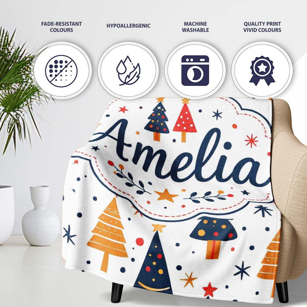 Minimal Christmas Trees Red Blue Yellow Stars Modern Seamless Lovely Personalised Custom Name Super Soft Fleece Blanket Bed Sofa Throw