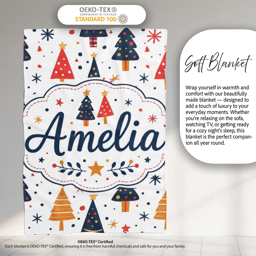 Minimal Christmas Trees Red Blue Yellow Stars Modern Seamless Lovely Personalised Custom Name Super Soft Fleece Blanket Bed Sofa Throw