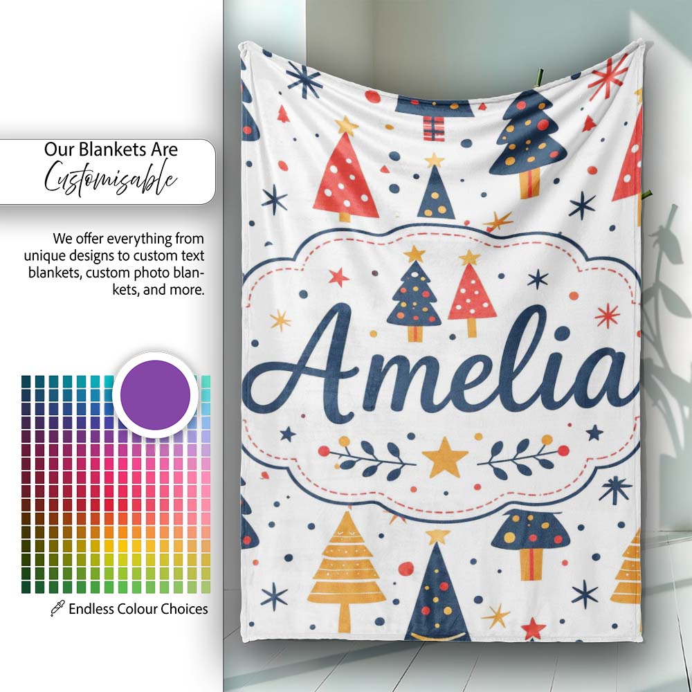 Minimal Christmas Trees Red Blue Yellow Stars Modern Seamless Lovely Personalised Custom Name Super Soft Fleece Blanket Bed Sofa Throw