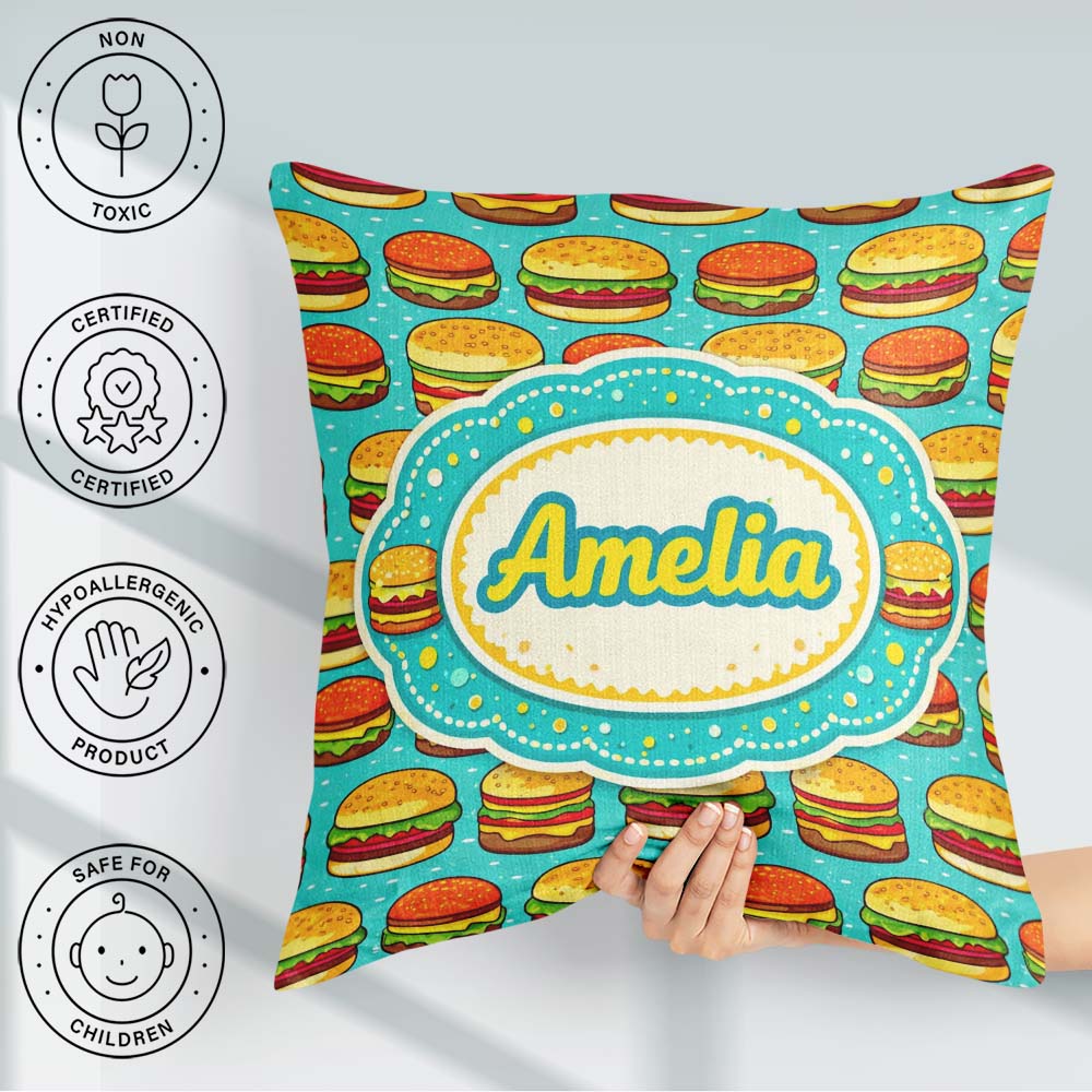 Custom Name Burger Cartoon Seamless Pattern Blue Background Food Square Filled Cushion Throw Pillow Sofa Bed Home Decor Zip Washable UK Made