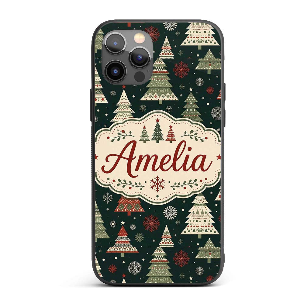 Scandi Christmas Trees Snowflakes Red Green Dark Custom Name Protective Phone Case Mobile Cover Durable Everyday Smartphone Shock Resistant