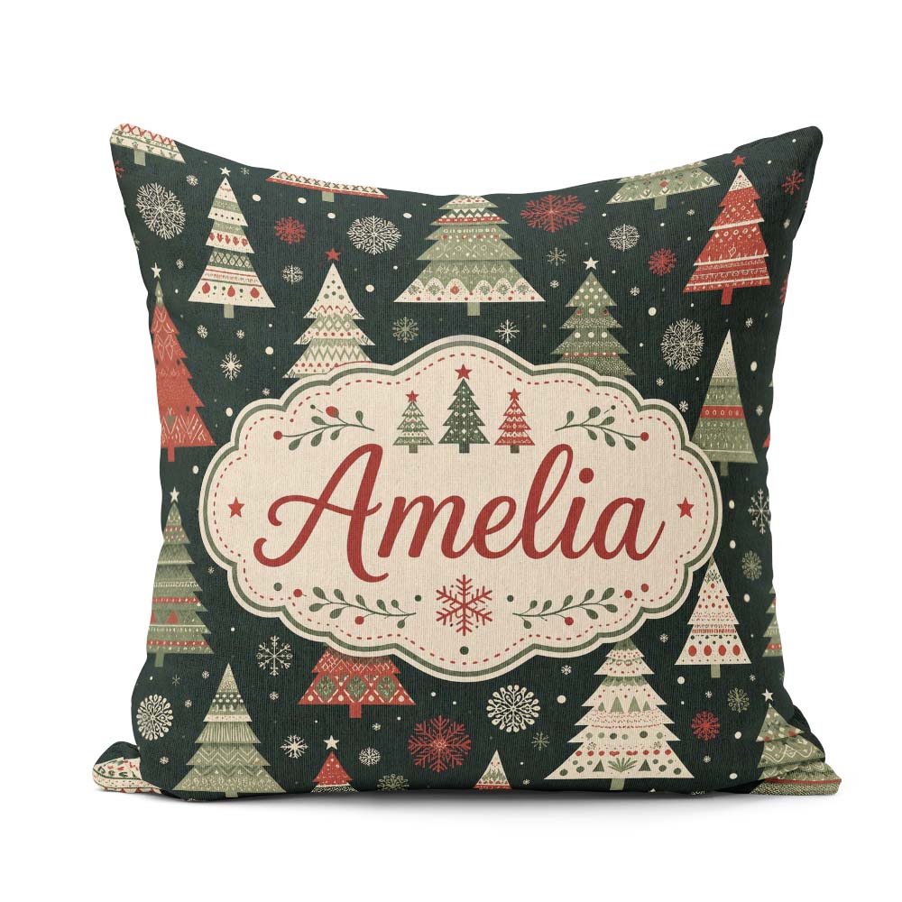 Custom Name Christmas Trees Snowflakes Red Green Dark Background Square Filled Cushion Throw Pillow Sofa Bed Home Decor Zip Washable UK Made