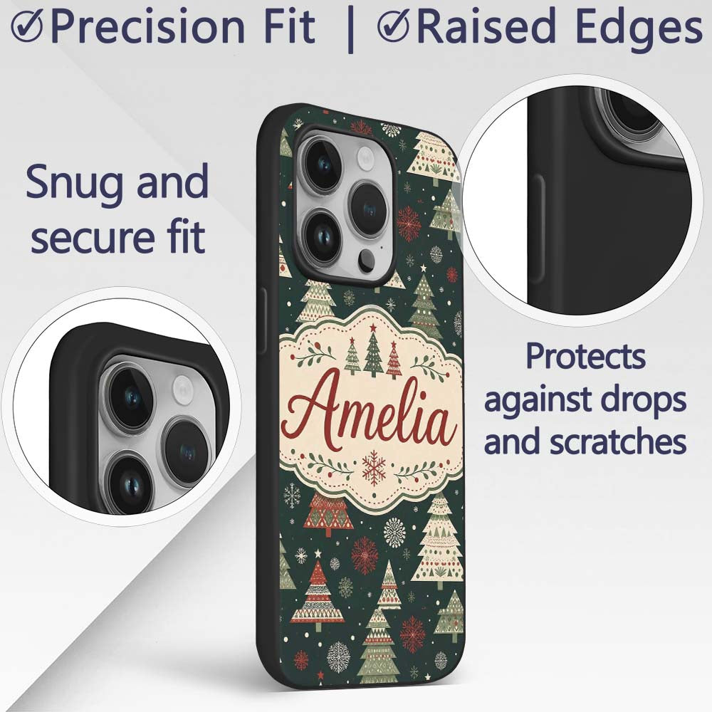Scandi Christmas Trees Snowflakes Red Green Dark Custom Name Protective Phone Case Mobile Cover Durable Everyday Smartphone Shock Resistant