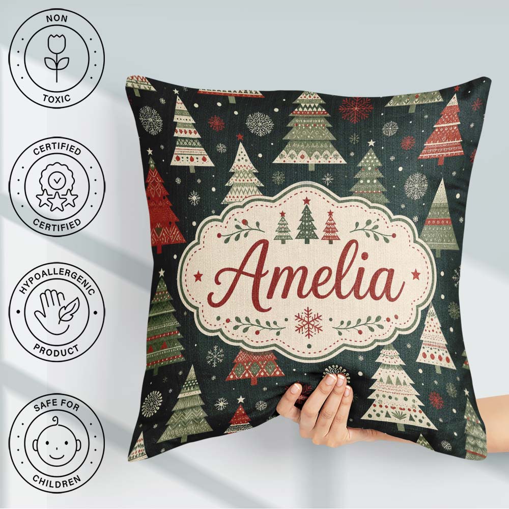 Custom Name Christmas Trees Snowflakes Red Green Dark Background Square Filled Cushion Throw Pillow Sofa Bed Home Decor Zip Washable UK Made