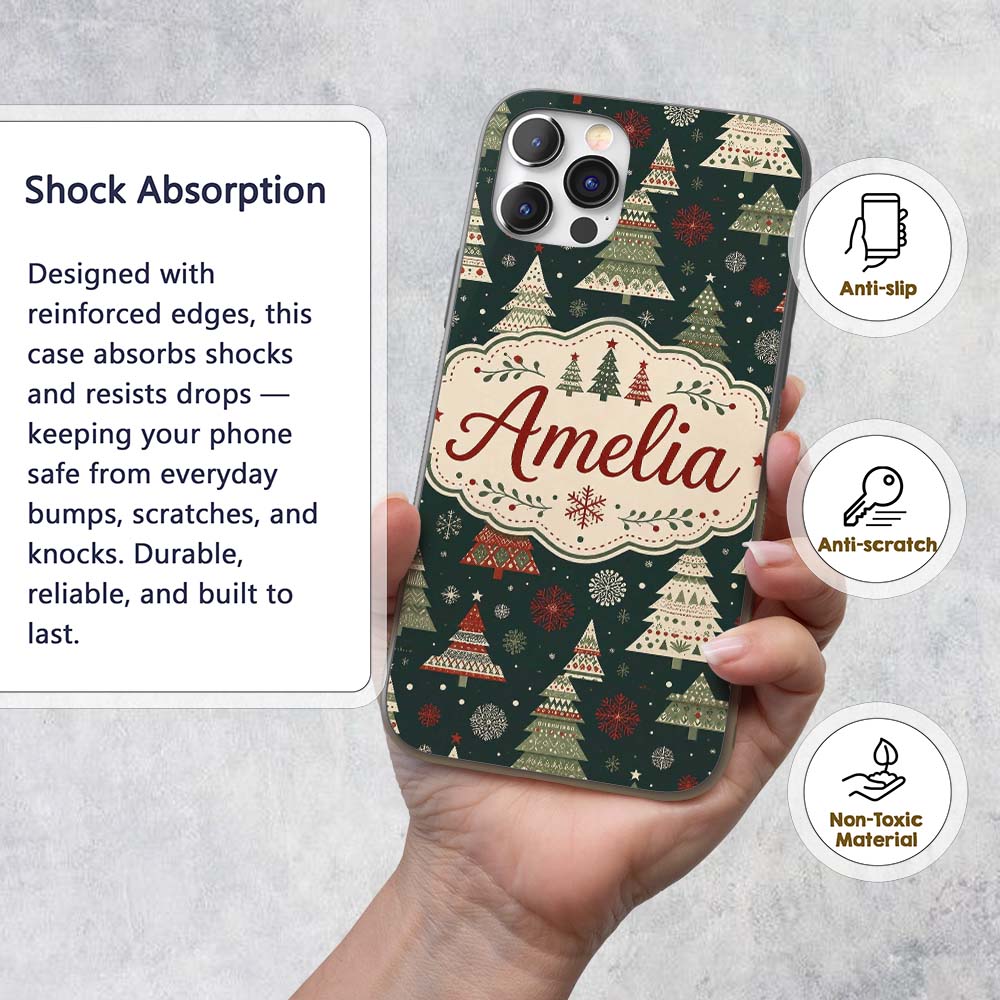 Scandi Christmas Trees Snowflakes Red Green Dark Custom Name Protective Phone Case Mobile Cover Durable Everyday Smartphone Shock Resistant