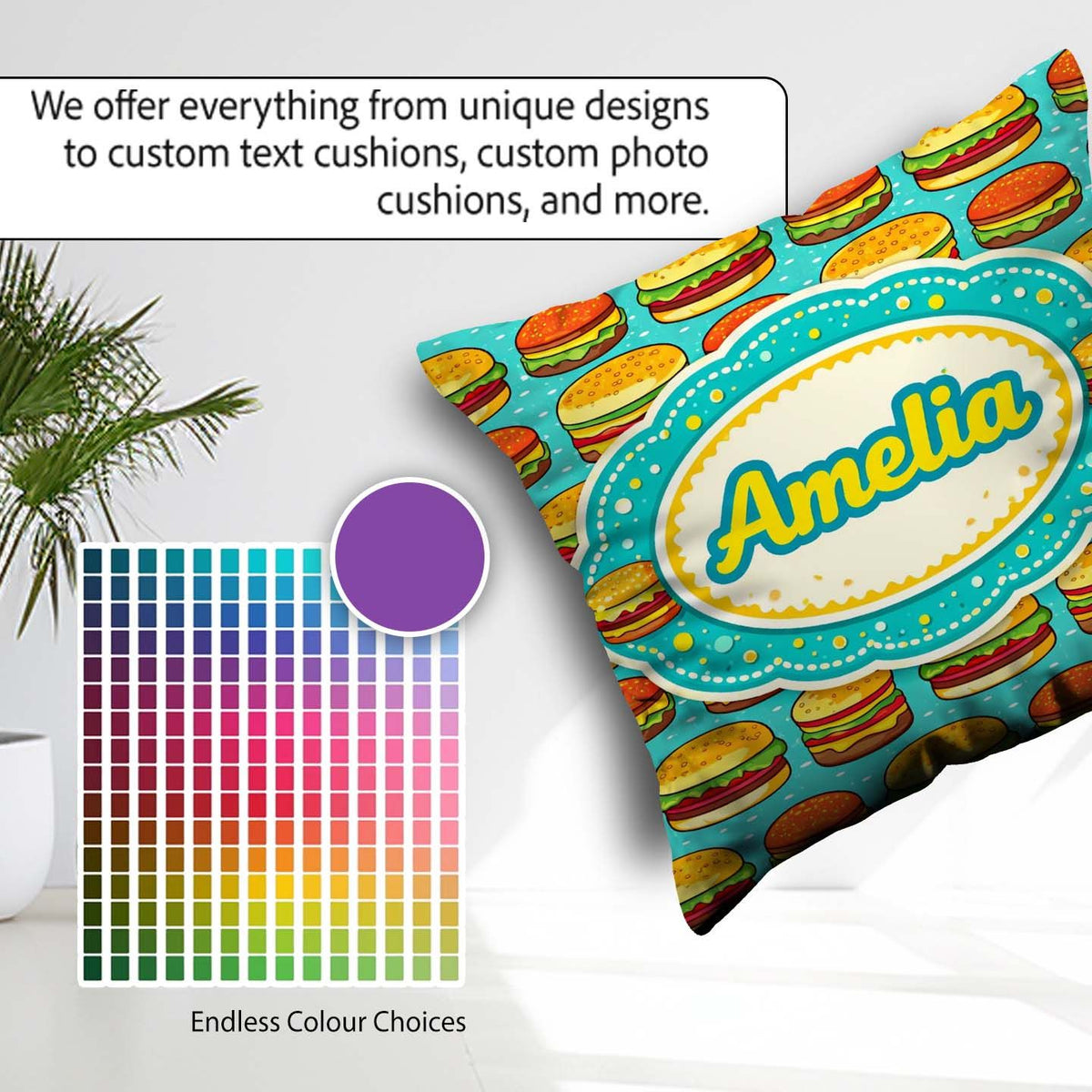 Custom Name Burger Cartoon Seamless Pattern Blue Background Food Square Filled Cushion Throw Pillow Sofa Bed Home Decor Zip Washable UK Made
