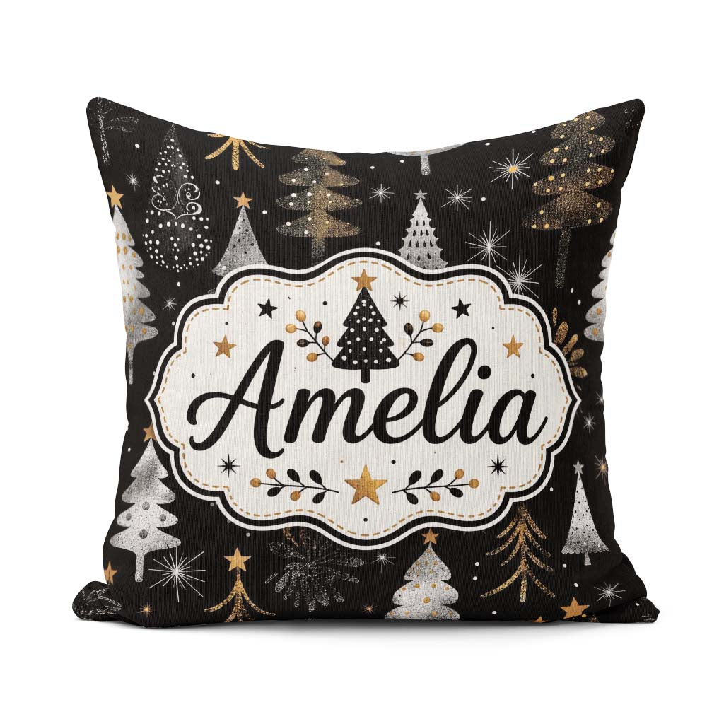 Custom Name Luxury Christmas Trees Black Silver Glitter Seamless Square Filled Cushion Throw Pillow Sofa Bed Home Decor Zip Washable UK Made