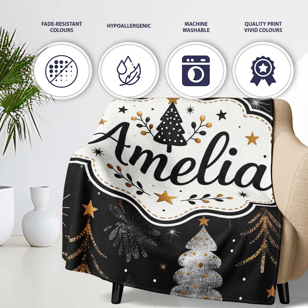 Luxury Christmas Trees Black Gold Silver Glitter Stars Seamless Personalised Custom Name Super Soft Fleece Blanket Bed Sofa Throw