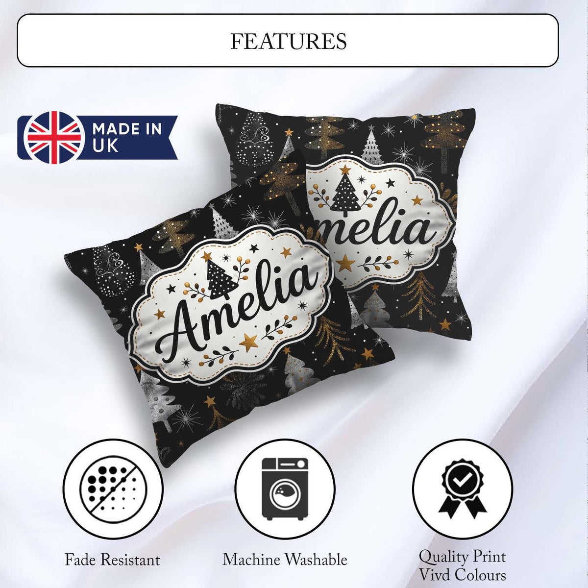 Custom Name Luxury Christmas Trees Black Silver Glitter Seamless Square Filled Cushion Throw Pillow Sofa Bed Home Decor Zip Washable UK Made