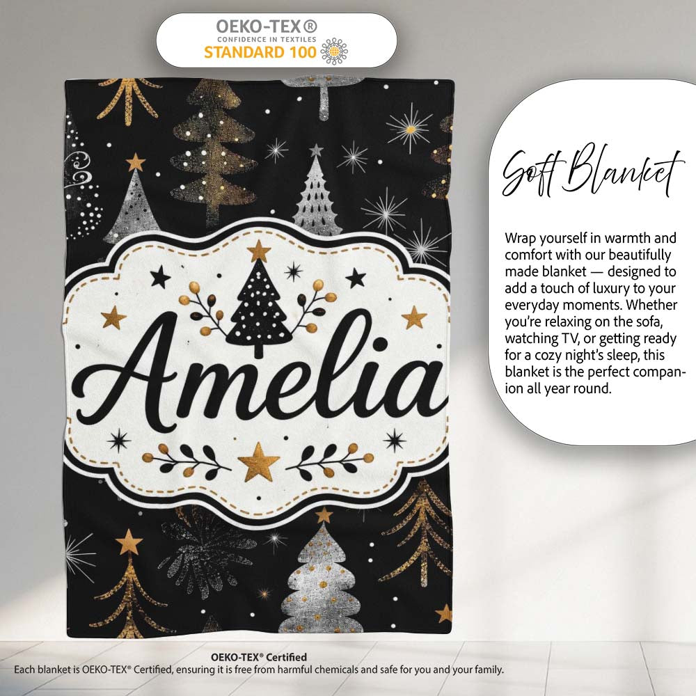 Luxury Christmas Trees Black Gold Silver Glitter Stars Seamless Personalised Custom Name Super Soft Fleece Blanket Bed Sofa Throw