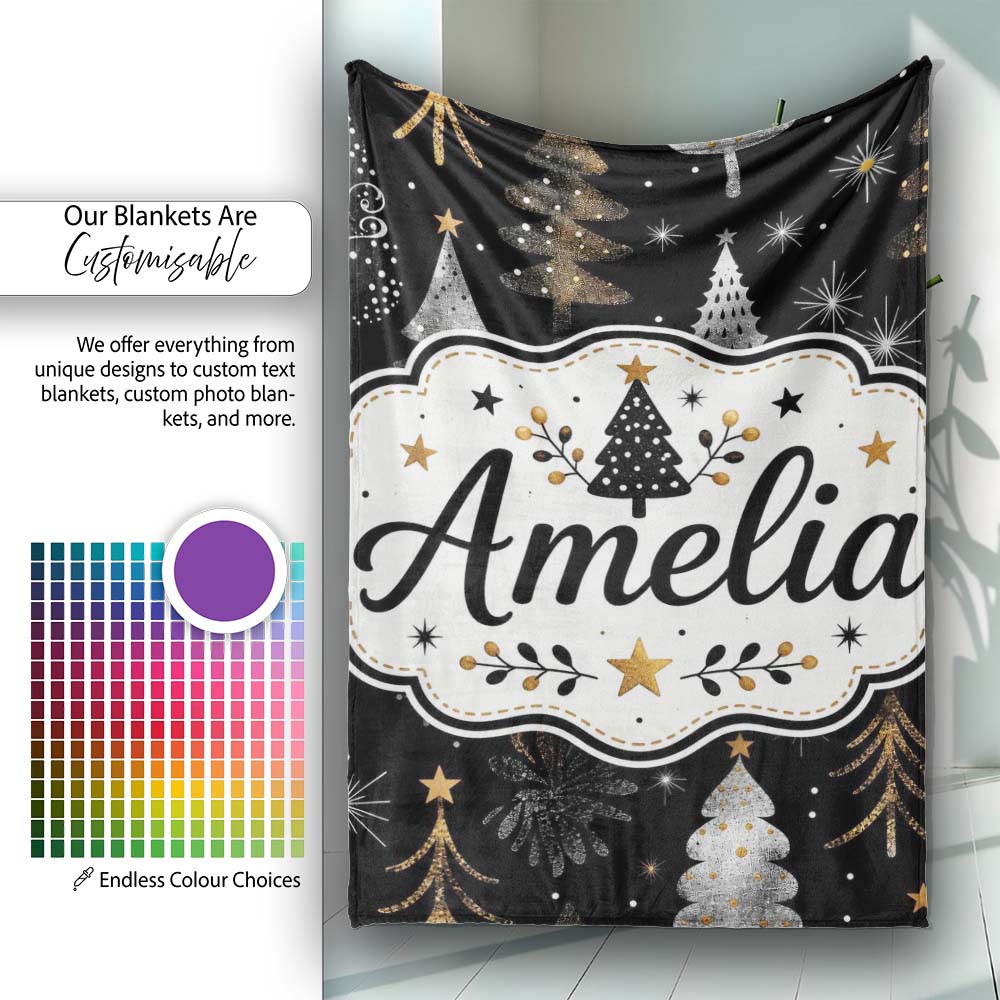 Luxury Christmas Trees Black Gold Silver Glitter Stars Seamless Personalised Custom Name Super Soft Fleece Blanket Bed Sofa Throw