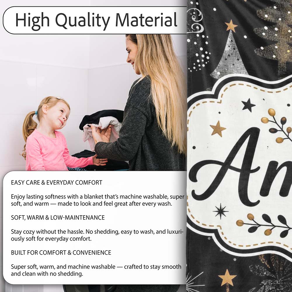 Luxury Christmas Trees Black Gold Silver Glitter Stars Seamless Personalised Custom Name Super Soft Fleece Blanket Bed Sofa Throw