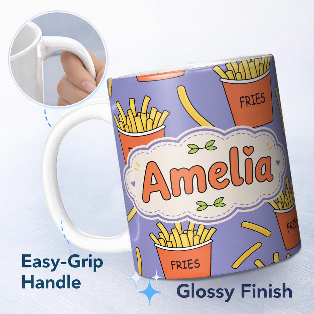 Personalized Custom Name Cute French Fries Cartoon Snack Food Purple Background Seamless 11oz Ceramic Coffee Tea Mug White Large Handle