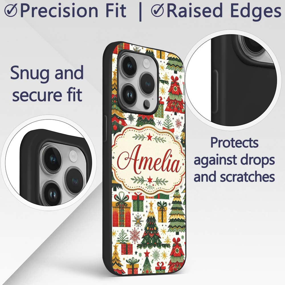 Festive Christmas Trees Gifts Presents Red Green Custom Name Protective Phone Case Mobile Cover Durable Everyday Smartphone Shock Resistant