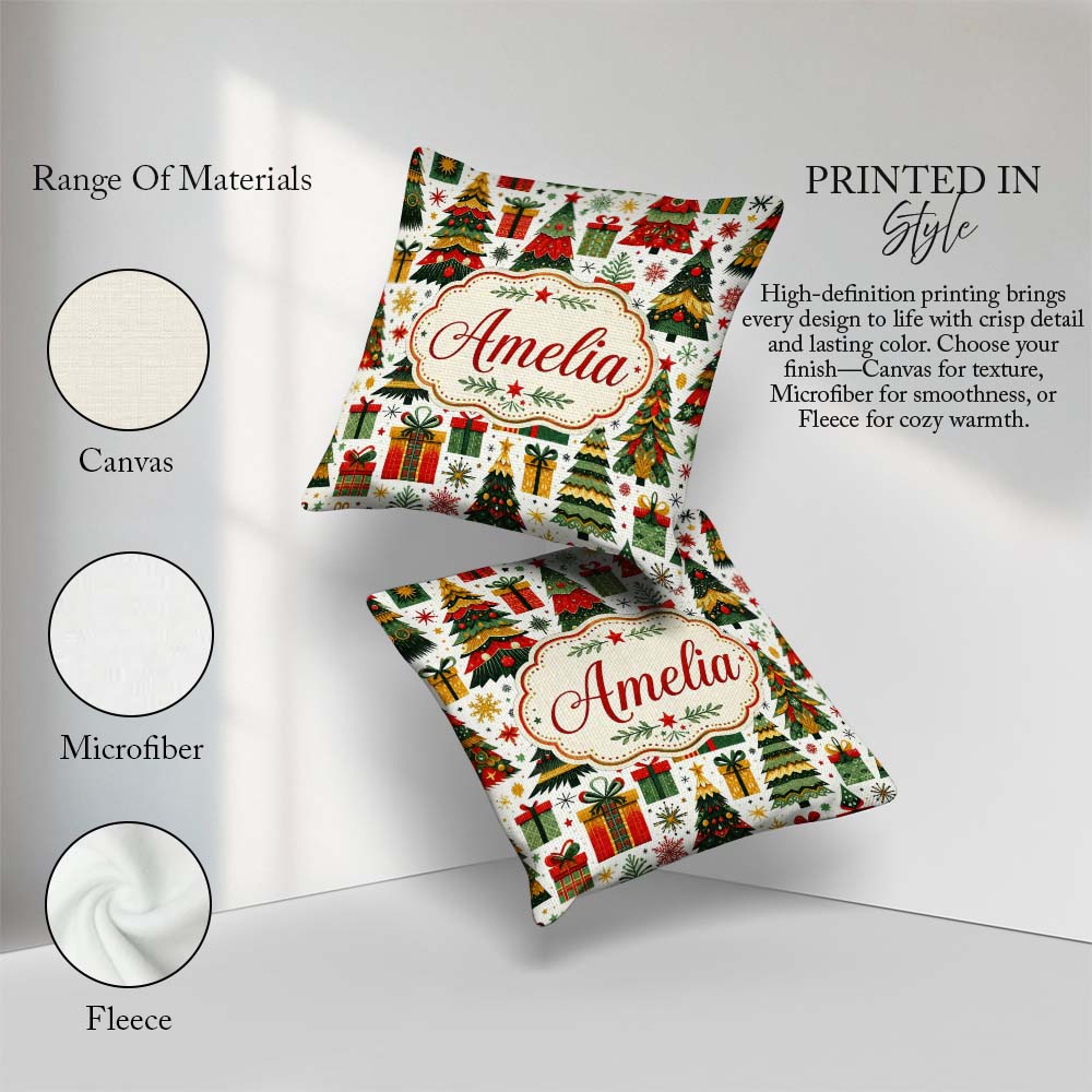 Custom Name Festive Christmas Trees Gifts Presents Green Pattern Square Filled Cushion Throw Pillow Sofa Bed Home Decor Zip Washable UK Made
