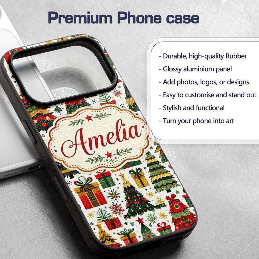 Festive Christmas Trees Gifts Presents Red Green Custom Name Protective Phone Case Mobile Cover Durable Everyday Smartphone Shock Resistant
