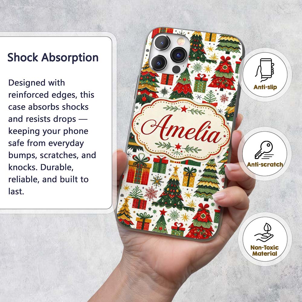Festive Christmas Trees Gifts Presents Red Green Custom Name Protective Phone Case Mobile Cover Durable Everyday Smartphone Shock Resistant