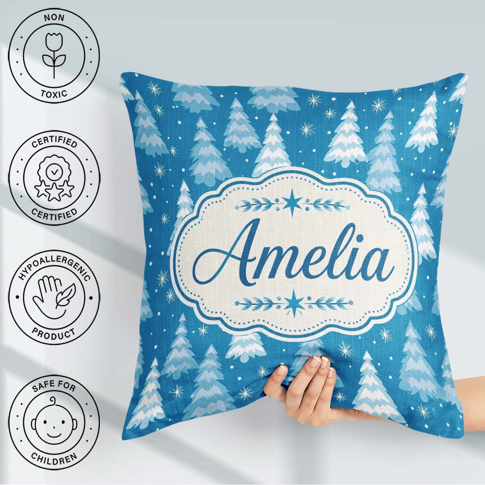 Custom Name Snowy Blue Winter Christmas Trees Snowflakes Pattern Square Filled Cushion Throw Pillow Sofa Bed Home Decor Zip Washable UK Made