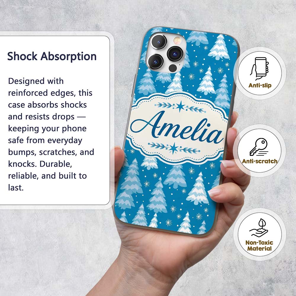 Snowy Blue Winter Christmas Trees Snowflakes Custom Name Protective Phone Case Mobile Cover Durable Everyday Smartphone Shock Resistant