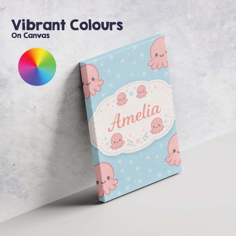 Personalised Name Cute Pink Octopus Cartoon Sea Animal Pattern Custom Modern Room Accent Canvas Wall Art Print Decor Picture Ready to Hang