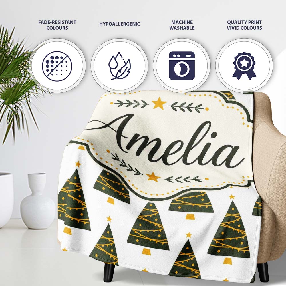 Minimal Christmas Trees Gold Garland White Background Seamless Personalised Custom Name Super Soft Fleece Blanket Bed Sofa Throw