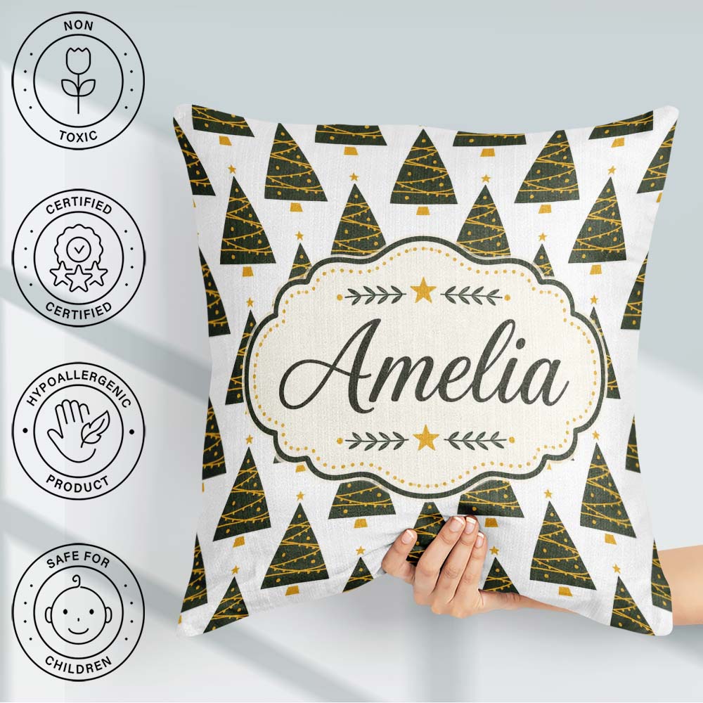 Custom Name Minimal Trees Gold Garland White Background Seamless Square Filled Cushion Throw Pillow Sofa Bed Home Decor Zip Washable UK Made