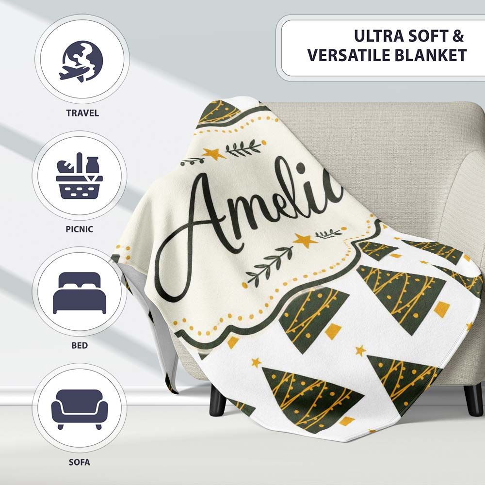 Minimal Christmas Trees Gold Garland White Background Seamless Personalised Custom Name Super Soft Fleece Blanket Bed Sofa Throw