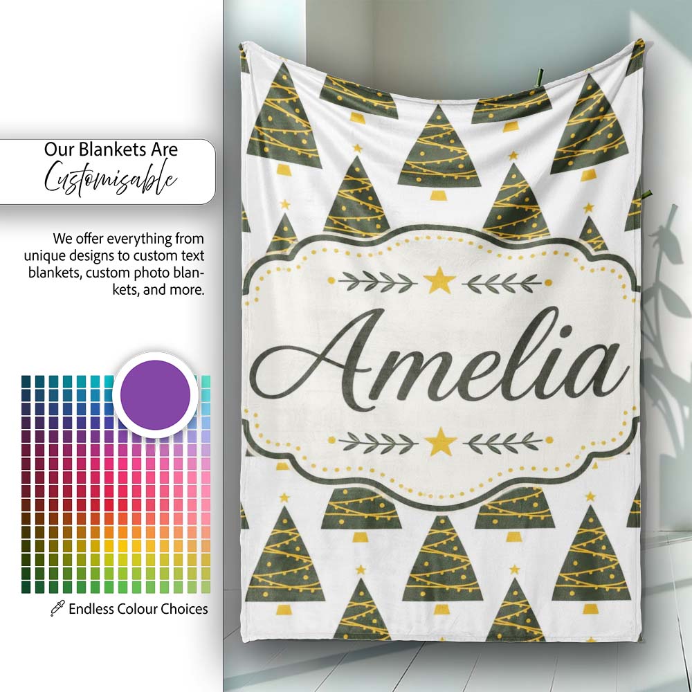 Minimal Christmas Trees Gold Garland White Background Seamless Personalised Custom Name Super Soft Fleece Blanket Bed Sofa Throw