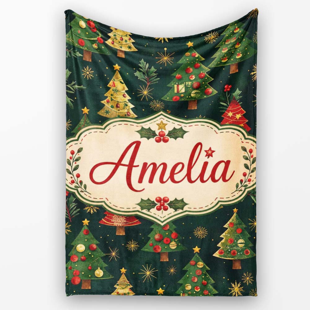 Vintage Christmas Trees Dark Green Gold Stars Holiday Seamless Personalised Custom Name Super Soft Fleece Blanket Bed Sofa Throw