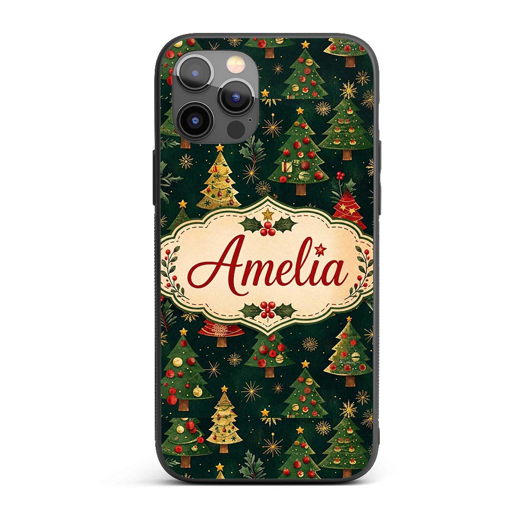 Vintage Christmas Trees Dark Green Gold Stars Custom Name Protective Phone Case Mobile Cover Durable Everyday Smartphone Shock Resistant